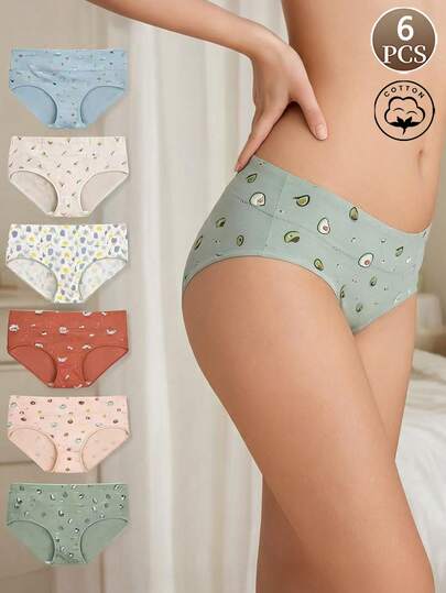 Conjunto de 6 calcinhas femininas de cintura alta estampadas, em tecido de algodão macio, ideais para o dia a dia, esportes e momentos de lazer.