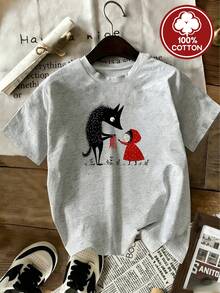 Ropa de mujer europea y americana, 100 % pura, disponible en seis colores: blanco / / gris floral / albaricoque / rosa / rojo. Camiseta de manga corta con estampado del cuento de hadas de Caperucita Roja y el Lobo Feroz, estilo casual vintage americano, ajuste holgado para un efecto, adecuada para - Gris - Ver 6