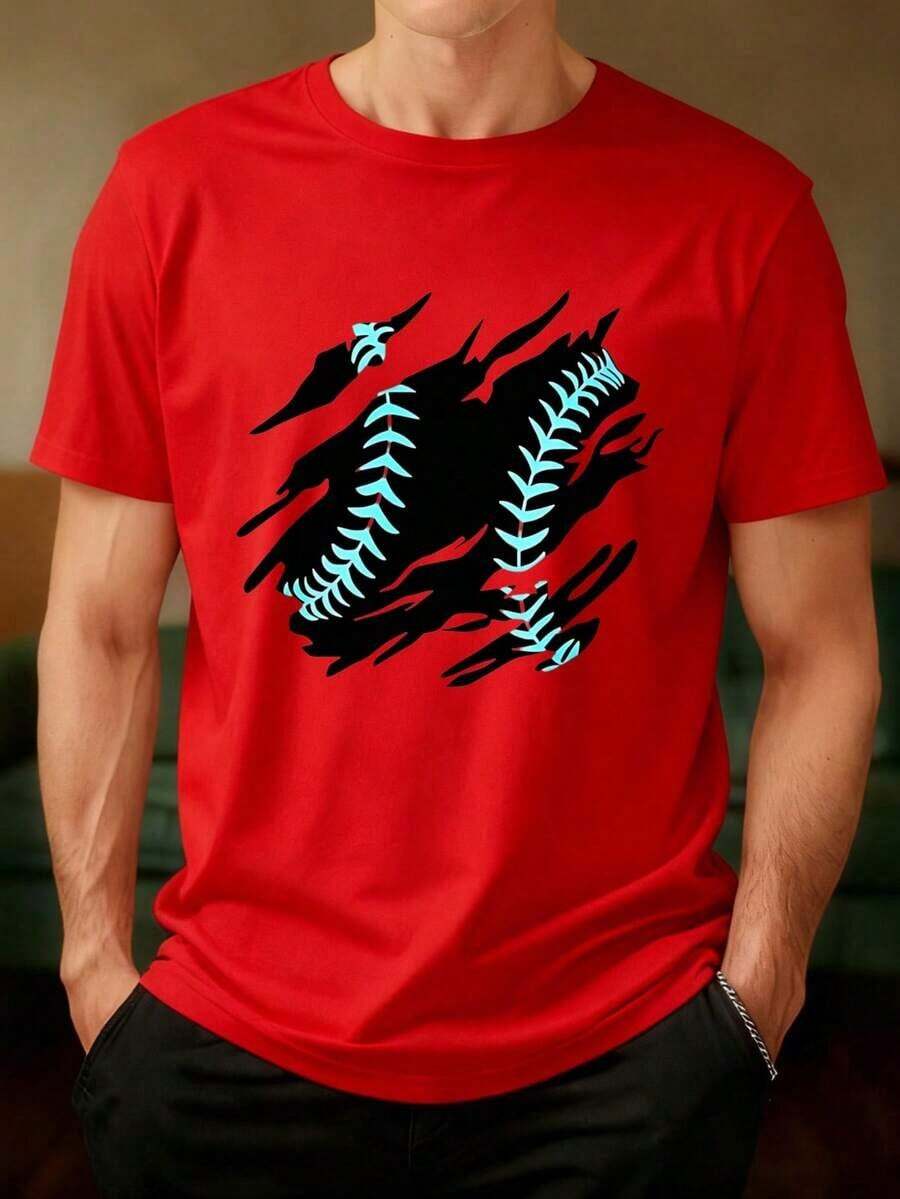 Camia Negra con Estampado de Béisbol en Azul Cian - Diseño de Costuras de Pelota de Béisbol con Efecto Rasgado - Ideal para Deportes, Actividades al Aire Libre y Estilo Casual Ideal para regalar. Camisetas para mujer, camisetas para hombre, camisas > Elegantes. Estilo bohemio. Blusas suaves, transpirables y cómodas para mujer, ideales para primavera, verano y otoño, perfectas para vacaciones, viajes y uso diario, y para ver partidos. - Rojo - Ver 1