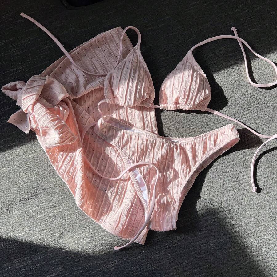 Novedad Conjunto de baño de 3 piezas - Bikini sin espalda con cordones ajustables - rosa nude - Ver 1