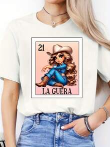 Camiseta Casual de Manga Corta para Mujer - Estampado de Letras en Español, Cuello Redondo, Tela Transpirable de Elasticidad Media, Lavable a Máquina, Adecuada para Uso Diario en Primavera y Verano. |   Camiseta con Estampado Divertido |   Tela elástica, camiseta de mujer - Blanco - Ver 8