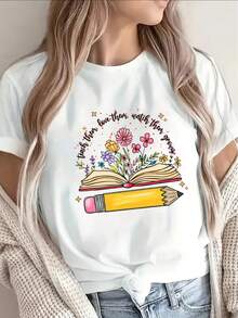 Black Short-Sleeved T-Shirt With An Artistic Print Of An Open Book, A Flower, And A Pencil - Printed Crew Neck T-Shirt, Made Of Machine-Washable Polyester, Suitable For Casual Daily Wear And For Combining With Other Garments, A Must-Have Item For A Mature Style Wardrobe. - 白色 - 查看 1