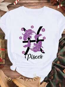 Elegant And Casual Short-Sleeved T-Shirt For Women, Featuring The Pisces Zodiac Sign, Purple Fish And Flower Print, White Casual Wear For Women, Spring And Summer Outfits. - 白色 - 查看 3