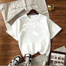 GIRL'S SHORT SLEEVE PRINT DESIGN WITH SPIDER WEB AND SCREAM TEXT FOR A CHILLING LOOK IN MEXICAN ONLINE STORES - Blanco - Ver 1