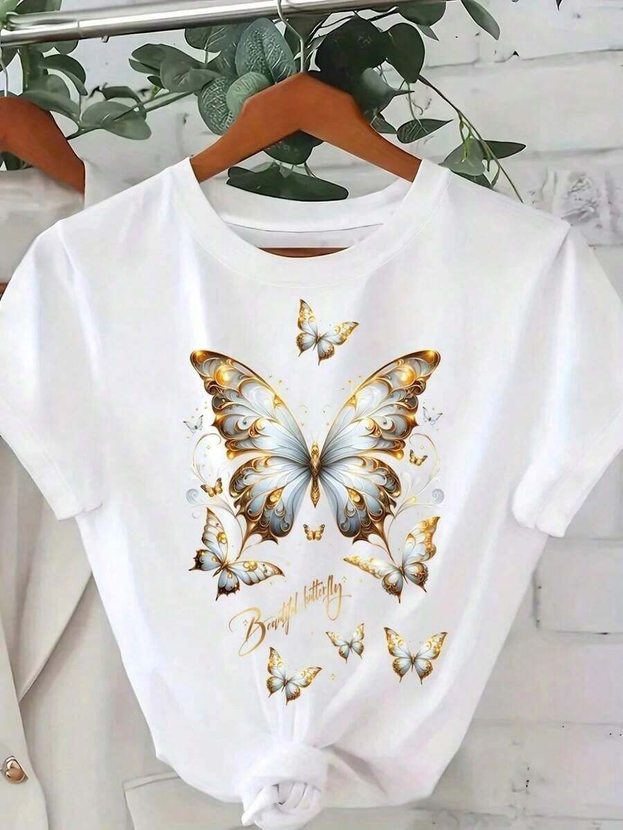 Nuevas llegadas para el verano. Camiseta de Algodón Puro con Estampado de Anime y Letras de Moda para Mujer, Cuello Redondo, Diseño Sencillo, Cómoda y Transpirable, Adecuada para Uso Diario Casual, Versátil, Muestra un Estilo de Elegancia Natural, Esencial para Fiestas de Verano, Envío Local. Blusa, Camisa > Hermosa. - Blanco - Ver 1
