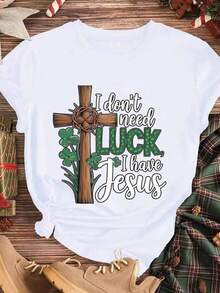 Elegante y casual para mujer, manga corta, Camiseta de Mujer para el Día de San Patricio con Cruz y Trébol, No Necesito Suerte, Tengo a Jesús, Ropa Casual Blanca para Primavera Verano. - Blanco - Ver 3