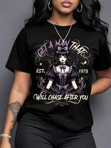 Ropa de mujer de talla grande, camisetas 100% de talla grande, camisetas estampadas de 180 gramos, ropa de uso diario a la moda, tops de verano, regalos elegantes para las vacaciones. - Negro - Ver 7