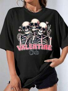 Camiseta Negra y Blanca para Niña, Camiseta Blanca de Talla Grande con Estampado de Esqueletos con Gafas de Sol en Forma de Corazón y Texto de Club de San Valentín para Uso Casual y Conjuntos Festivos, Camiseta Estampada Casual para Fiestas al Aire Libre, 180g - Negro - Ver 7