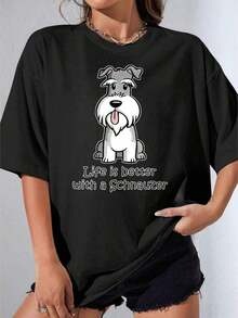 Camisetas de Mujer, Manga Corta Casual para Fiesta, Camiseta OneWhite con Estampado de Perro Schnauzer y Texto 'La Vida Es Mejor con un Schnauzer' para Uso Casual 180g - Negro - Ver 1