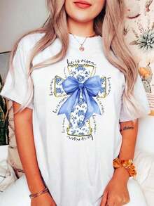 Camiseta de Pascua "Él Ha Resucitado", Camiseta de Pascua con Cruz, Camiseta de Jesús, Camiseta de Pascua Azul Estilo Chinoiserie, Azul con Lazo Coqueta, Camisetas Gráficas Unisex, Camiseta Divertida - Blanco - Ver 5