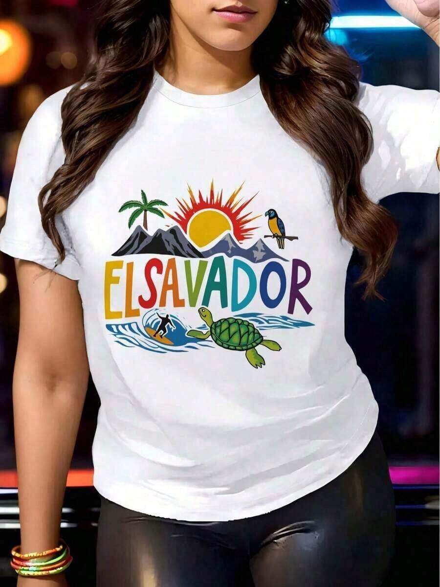 Loose1 pieza - Camiseta unisex con diseño tropical de El Salvador - Diseño vibrante de montañas y mar con tucán y tablas de surf, cuello redondo transpirable de manga corta, ropa casual para todas las estaciones para hombres y mujeres, regalo para el Día del Padre y el Día de la Madre (Blanco/Negro/Azul Real) 210g 100% algodón, los diseños están impresos. Camiseta unisex de algodón con cuello redondo básico para mujer - Blanco - Ver 1