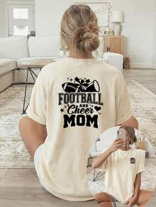 Camiseta de manga corta informal para mujer, ideal para vacaciones de verano, [estampado de doble cara], ropa casual holgada para primavera/verano, color verde oliva, con las palabras "FOOTBALL AND Cheer MOM" estampadas en la parte delantera y patrones de balones de fútbol y pompones de animadora. Camiseta de manga corta con cuello redondo - Blanco - Ver 6