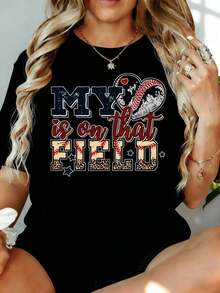 Mi Corazón Está En Ese Campo, Camiseta de Mujer para Amantes del Béisbol, 180g, para Ocio en Casa y al Aire Libre, Regalo para el Día de San Valentín o Fiestas - Negro - Ver 7