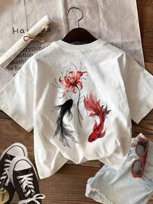 Limited EditionWomen'S Summer Clothing Featuring Double-Sided Prints In A New Style, With Koi And Flower Designs., Casual Round-Neck Short-Sleeve-ShirtLightweight Cotton - 白色 - 查看 2