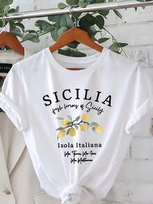 Camiseta casual de manga corta y cuello redondo de corte regular, con estampado de patrón de limones, perfecta para primavera y verano, diseñada para mujeres como un atuendo casual diario para el verano. - Blanco - Ver 12
