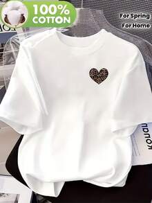 Camiseta de mujer de diseño sencillo con hombros caídos y estampado, 100% algodón; presenta un patrón de corazón con estampado de leopardo; cómoda y suave; de manga corta y cuello redondo, ideal para usar en casa y en la oficina en todas las estaciones; perfecta para primavera y verano, ropa de mujer estilosa y práctica para el verano. - Blanco - Ver 3
