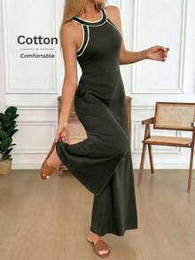 Mono de pierna ancha con contraste en el escote y la cintura, de tela de algodón cómoda, uso casual, relajado y elegante para la oficina/vacaciones para mujeres, primavera/verano - Gris - Ver 3
