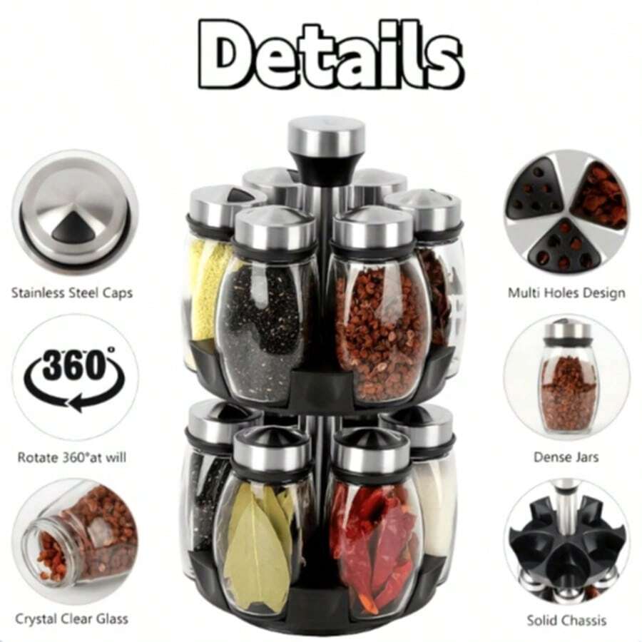 1pc Practical Rotating Spice Rack Storage Box - Rotating Countertop Herb & Spice Seasoning Storage Canister, 6 Glass Jars On 1 Tier, 12 Glass Jars On 2 Tiers, Kitchen Storage Helper, Suitable For Kitchen, School And Home Gatherings (Includes Stand) - Multicolor - View 1