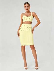 Bernatova Women's Spaghetti Strap Two Pieces Rivet Tie-Up Dress, Sexy Fashion Elegant Bodycon Party Club Dress Wedding Yellow - Yellow - View 4
