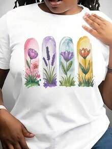 Women's Tulip Floral Print T-Shirt - Round Neck, Pastel Pink And Tulip Summer Top - Lightweight Casual Blouse For Spring And Summer, Ideal For Casual Outfits And Gift Ideas (Machine Washable) - 白色 - 查看 6