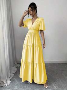 Vestido largo con cuello en V elegante, cintura recogida, pliegues, bajo acampanado y mangas abullonadas, color púrpura, de uso casual y para vacaciones, para primavera/verano - Amarillo - Ver 4