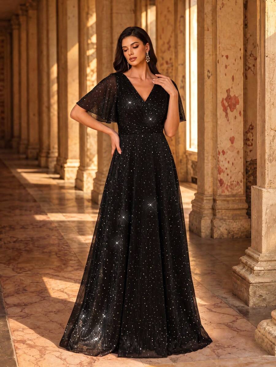 UNITHORSE Flounce Sleeve Glitter Prom Dress Black Elegant Formal Evening Wedding Guest Gown, For Graduation, Dinner Party Dress Spring