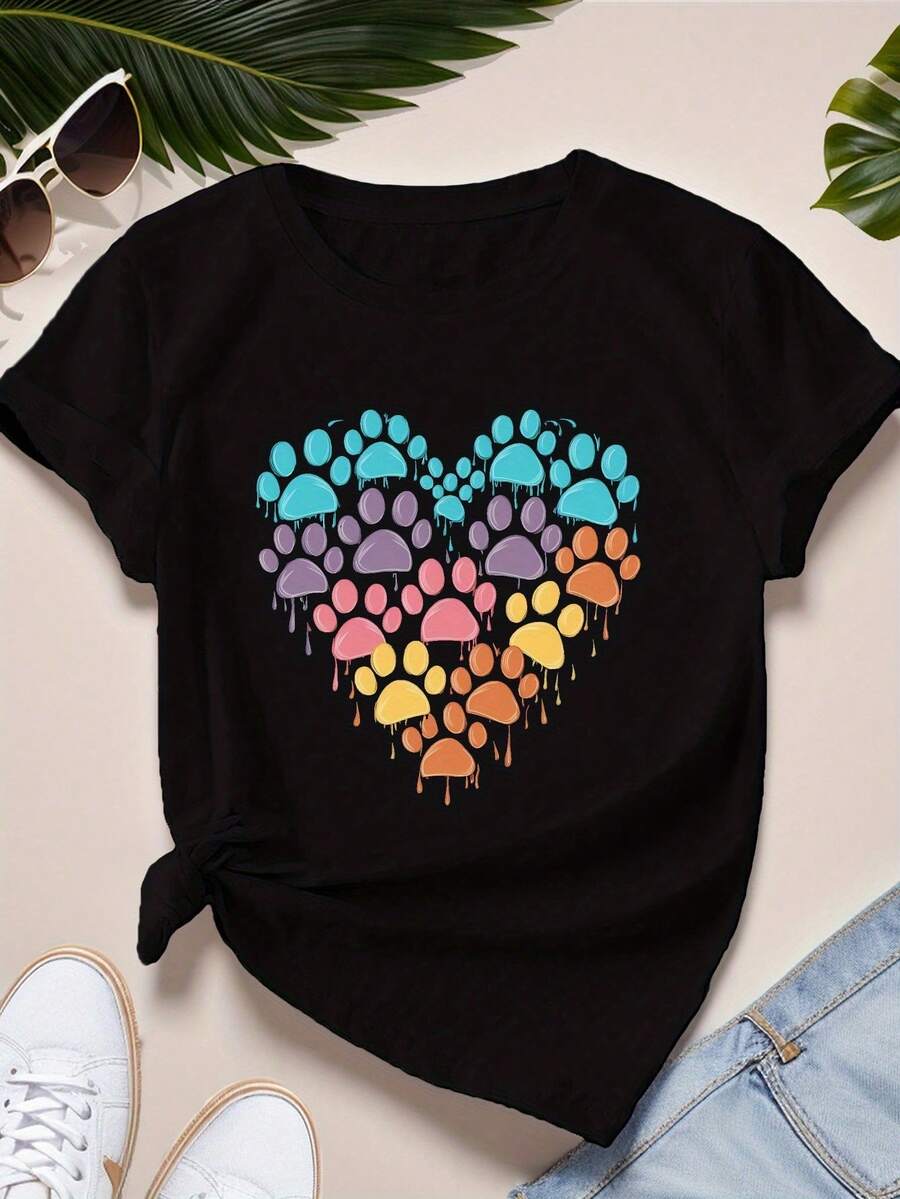 ¡Oferta por tiempo limitado, unidades limitadas, relámpago! Camisa casual para mujer, elegante, camiseta deportiva de manga corta para mujer, diseño de huella de pata en forma de corazón. - Negro - Ver 1