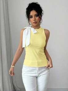 Camiseta sin mangas de mujer con contraste de color y lazo - Amarillo - Ver 5