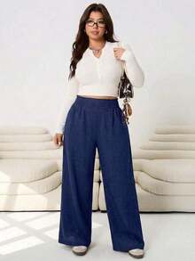 Solflare 2025 New Autumn/Winter Casual Trousers, Suitable For Going Out, Casual Daily Wear, Parties, Going To Work, Going Back To School, Dates, At Home, Birthday Parties And Multiple Occasions. Relaxed Fit, Elastic Waistband, Wide Leg Trousers, Beige, Plus Size - 淡粉紅色 - 查看 4
