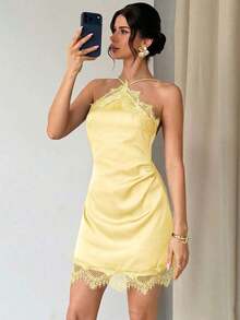 Vestido mini ajustado de satén negro con adorno de encaje, elegante y romántico para citas, festivales de música, fiestas, graduaciones, vacaciones, invitada de boda, vestido de cumpleaños - Amarillo - Ver 4