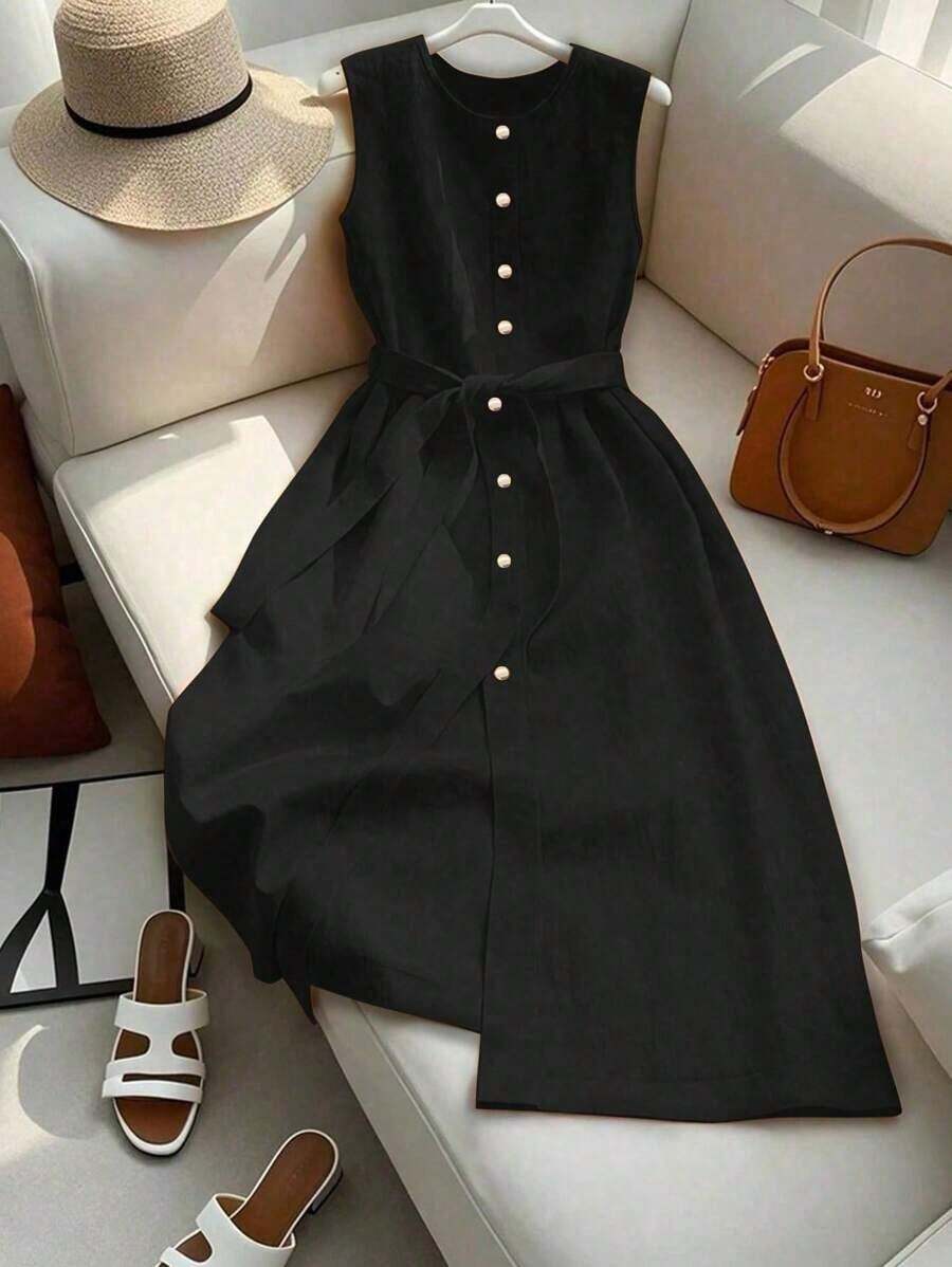 Vestido estilo francés de media pierna sin mangas de alta gama color naranja para mujer - Negro - Ver 1