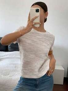 Camiseta casual de mujer con cuello redondo y mangas cortas en bloque de colores, adecuada para el verano - Albaricoque - Ver 7