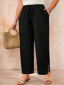 Pantalones de talla grande en color liso y con textura casual - Negro - Ver 3