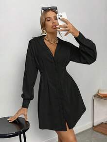 Vestido camisero fruncido de hombros caídos - Negro - Ver 6