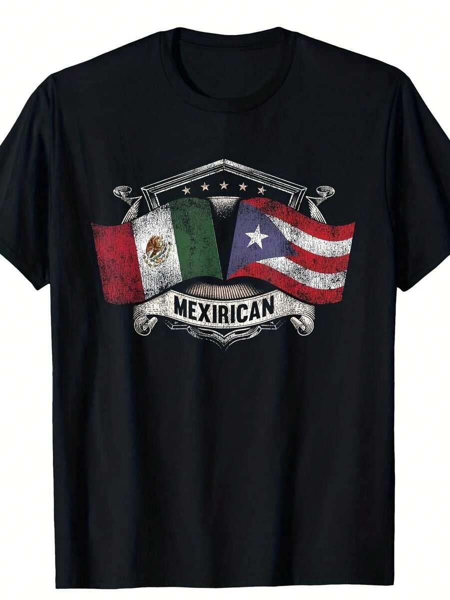 Men's Loose-Fitting And Comfortable Mexican-Puerto Rican Style T-Shirt. Unisex Crew Neck T-Shirt, Casual Style, Short Sleeves, Suitable For Outdoor Wear, Slightly Stretchy, Sizes S-XXL, Vintage Style, For All Seasons, 220g Fabric, T-Shirts With Bold Prints, Machine Washable - 黑色 - 查看 1