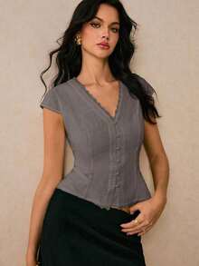 Blusa de mujer de unicolor con diseño de botones y encaje en contraste - Gris - Ver 3