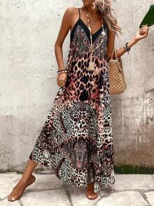 Tall Vestido de línea A con estampado de leopardo para mujer, adecuado para vacaciones y uso diario - Multicolor - Ver 3