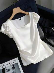 Blusa casual elegante de satén con cuello cuadrado francés, mangas de pétalos y pliegues, adecuada para ir al trabajo, uso diario, reuniones y fiestas, primavera/verano - Blanco - Ver 7