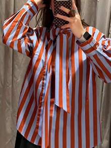 Blusa elegante de mujer con corbata de moño a rayas de contraste, nueva camisa casual de primavera/verano de moda para vacaciones en rojo - Rojo - Ver 3