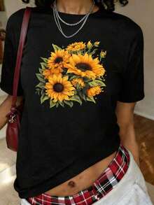 ropa de mujer Camiseta con estampado de girasoles amarillos, manga corta, cuello redondo, top casual para verano y primavera, ropa de mujer camisas de mujer - Negro - Ver 6