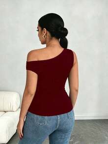 Camiseta ajustada con cuello asimétrico talla grande, top casual versátil, primavera/verano - Burdeos - Ver 2