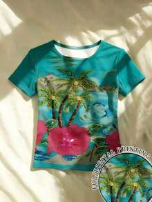 Camiseta de mujer de manga corta, cuello redondo, estilo casual y de bloques de color - Azul - Ver 5