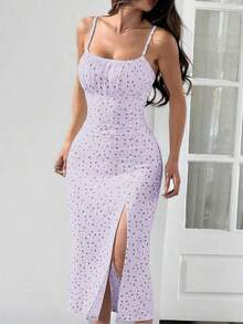 Vestido ajustado de longitud media sin mangas con abertura lateral con estampado floral moteado rojo y azul, para primavera/verano - Lila Púrpura - Ver 3
