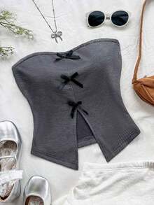 Top tubo de punto para vacaciones para mujeres, estilo casual y ajustado, decoración de lazo elegante en la parte delantera central, abertura frontal en el bajo, para fiesta o té de la tarde, para capas en otoño/invierno - Gris - Ver 4