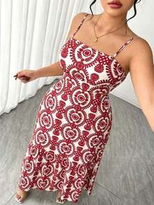 Vestido elegante de mujer talla grande con tirantes finos, cintura fruncida y diseño evasé, con estampado de hojas de dos colores, diseño evasé estilizador, elegante y sofisticado, adecuado para volver al colegio, graduación, San Valentín, festiva - Rojo 2 - Ver 4