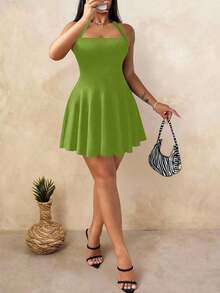 Vestido corto sin mangas de unicolor para mujer, atuendo casual y de uso diario en color borgoña - Verde Oliva - Ver 8