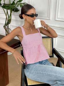 Top de tirantes con estampado floral ditsy y espalda descubierta, estilo playa/vacaciones para mujer - Rosa - Ver 6
