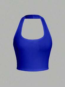 Camiseta de tirantes de ajuste ceñido con cuello halter, color liso y corta, de estilo minimalista y casual para mujer, de verano - azul real - Ver 1