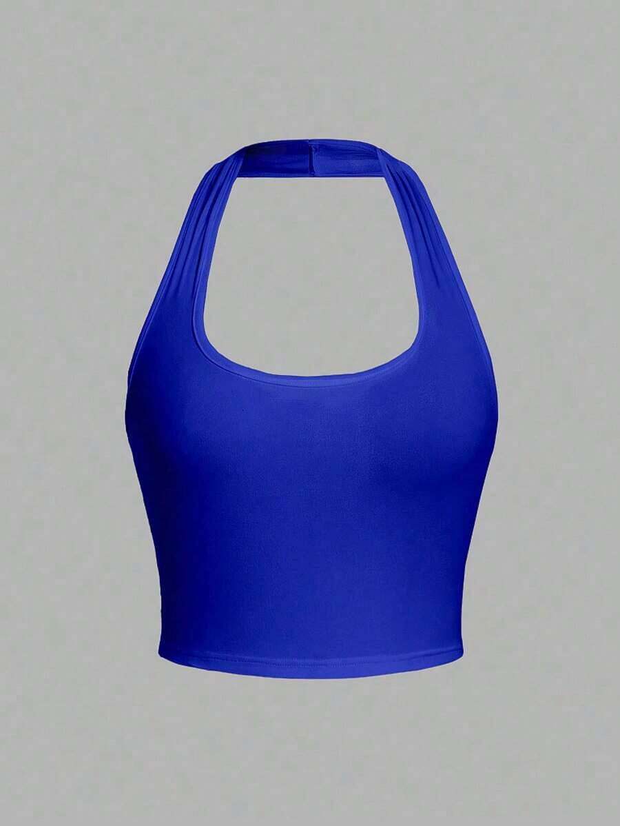 Camiseta de tirantes de ajuste ceñido con cuello halter, color liso y corta, de estilo minimalista y casual para mujer, de verano - azul real - Ver 1