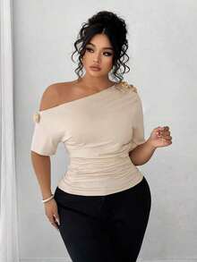 Blusa de talla grande para mujer elegante, personalizada, de moda, versátil, con un solo hombro, adecuada para uso diario - Albaricoque - Ver 7